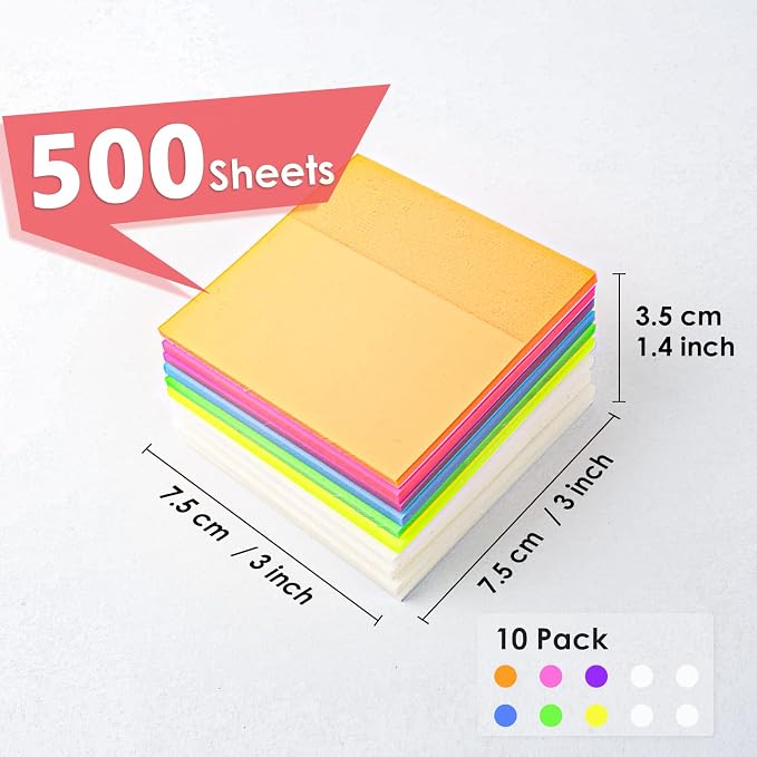 Transparent Sticky Notes 500 Pcs, MIUTME Clear Sticky Notes Waterproof Translucent Color Memo Pad 3 x 3 inch, See Through Notes for Office College School Supplies Pads (7 Colors)