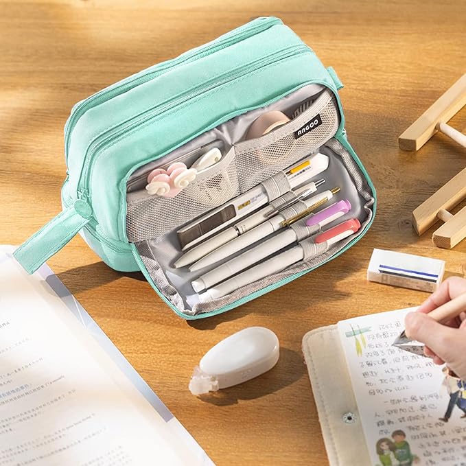 Large Capacity Pencil Case 4 Compartments, Pencil Pouch Bag with Zipper Portable Handle, Pen Case Bag Stationery Organizer for Office College School Adults Teen Girls Boys Men Women, Light Green