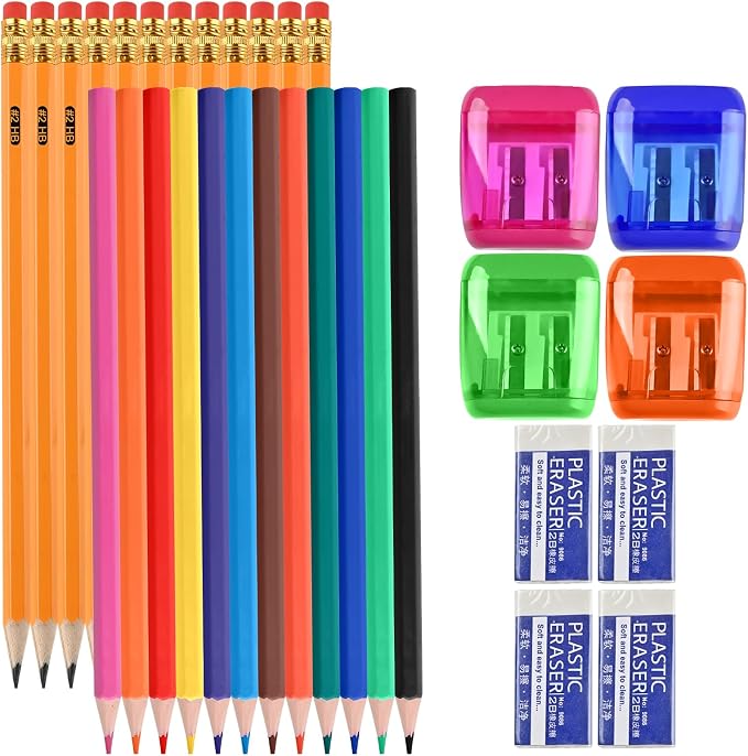 WELLFAR 32 PCS Pencils Set, 12 Pack Pencils #2 HB + 12 Colored Pencils, Wooden/Wood Lead Pencil with 4 Sharpeners & 4 Erasers, Number 2 Lapiz, Complete Art & Homework Kit for Drawing Writing.