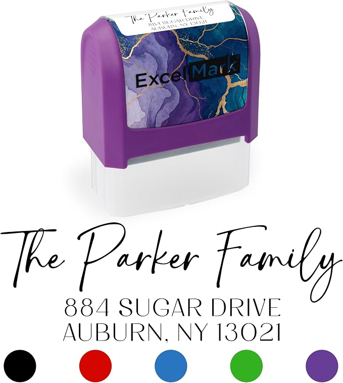 ExcelMark Custom Return Address Stamp (Purple, Santa Catalina) | Custom Return Address Stamp with Elegant Designs, Vibrant Colors & Patterns – Perfect for Mail, Invitations & Gifts