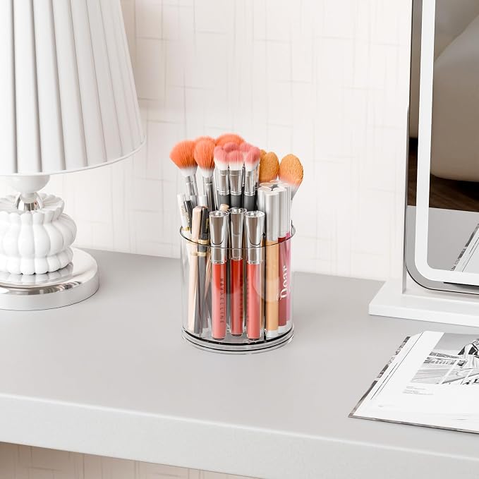 Yieach Rotating Acrylic Makeup Brush Holder for Vanity,Bathroom Countertop,Round Makeup Brushes Organizer,Spinning Cosmetic Brushes Holder,Make up Brush Storage and Office Desk Pen or Pencil Cup,Clear