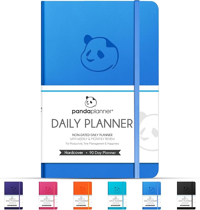 Panda Planner Classic A5 Undated Daily Planner 2026-2027, 8.25 x 5.75 Blue | Hourly schedule, to do list, habit tracker, gratitude journal, quarterly layout, 100 GSM paper