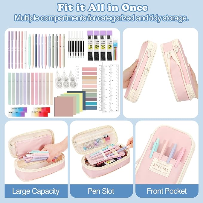 MoKo Pencil Case with Supplies, 60Pcs Aesthetic School Set, Pink | Includes highlighters, gel and ballpoint pens, mechanical pencils, refills, sticky notes, correction tapes and rulers.