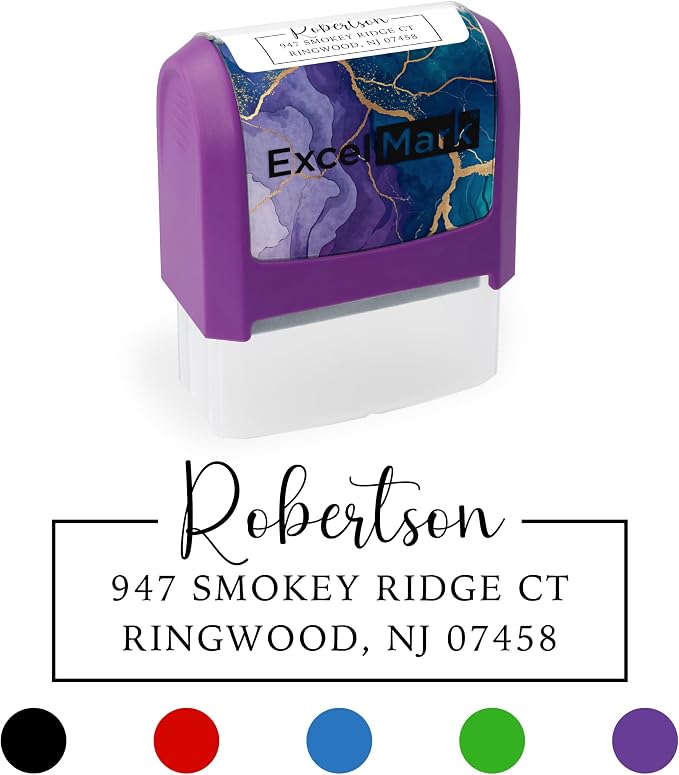 ExcelMark Custom Return Address Stamp (Purple, Signature Frame) | Custom Return Address Stamp with Elegant Designs, Vibrant Colors & Patterns – Perfect for Mail, Invitations & Gifts