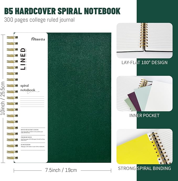 Hardcover Spiral Notebook with removable dividers 300 page(Green) | 5 Subject Notebook 8"x10" B5 College Ruled Notebooks for School Note taking，Lined Journal for Women