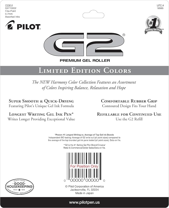 PILOT G2 Limited Edition Harmony Ink Collection Retractable Gel Pens, 0.7mm Fine Point, Assorted Ink, 20-Pack