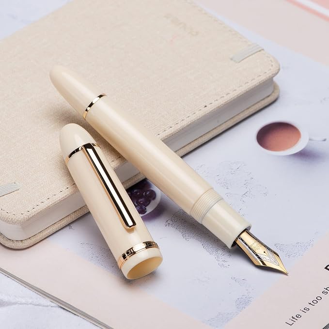 Jinhao X159 Ivory White Acrylic Fountain Pen, Size 8 Medium Nib Gold Trim Classic Design Smooth Writing Pen with Converter