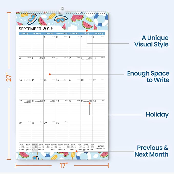 SUNEE 2026-2027 Wall Calendar Extra Large 17"x27", 21 Month July Calendar (Ends March 2028),Vertical Monthly for Wall, Seasons Color