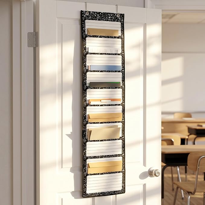 MotiMind Black Spots 10 Pockets Wall Hanging File Folders File Storage Pocket Chart for Classroom Hanging Wall Organizer with 2 Over The Door Hangers, 58" x 14" for School Classroom Office Home