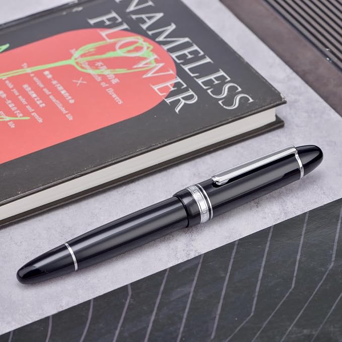 Yongsheng Junlai 930 Acrylic Fountain Pen, Size 9 Medium Nib with Piston Filling System, Piano Black Fence Ink Tank with Torpedo Shape Design Large Hand Pen (Silver Trim)