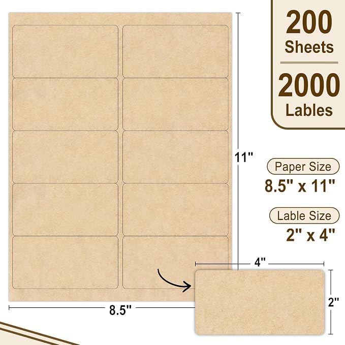 NATURALABEL 200 Sheets Printable Kraft Label Stickers for Laser & Inkjet Printers, 2" x 4" - 10 per Page, Matte (2000 Count)