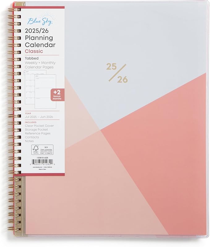 Blue Sky 2025-2026 Weekly & Monthly Academic Planner, 8.5"x11", Cali Pink | July 2025 - June 2026, Flexible Pocket Cover, Wirebound, Storage Pocket, Academic Year