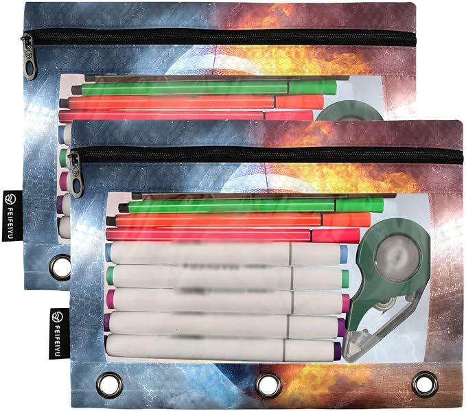 ALAZA Pencil Pouch for 3 Ring Binder, Waterfire Football Soccer Binder Pencil Pouches with Clear Window Zipper Pencil Case Cosmetic Bags for Office College Supplies, 2PCS