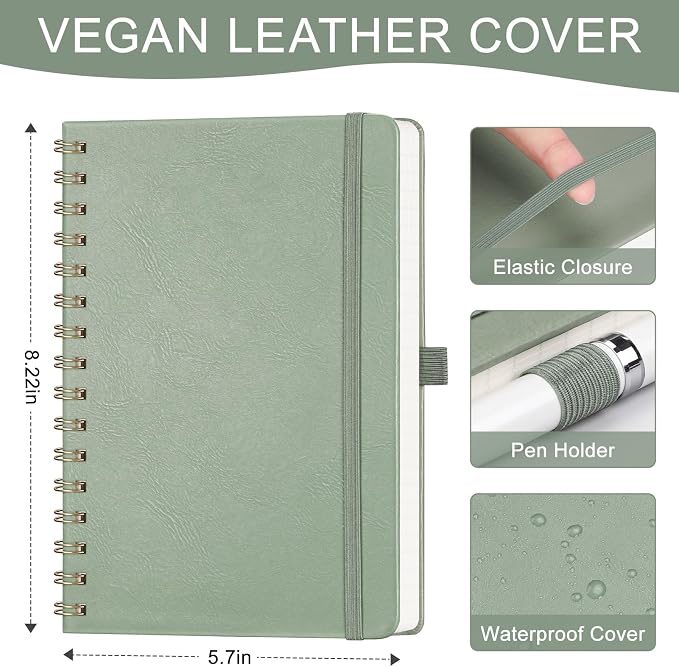 AHGXG Lined Spiral Journal Notebook, 140 Pages, A5 (5.7" x 8.3") | Journals for Women, Hardcover Leather Notebook College Ruled, 100 GSM Paper, for Work School Note Taking (Sage Green)