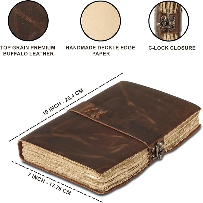 Vintage Leather Journal Handmade Buffalo Deckle Edge Paper – Leather Bound Journal for Women Men Vintage C-Lock Closure Ideal for Writing & Travel for Artists