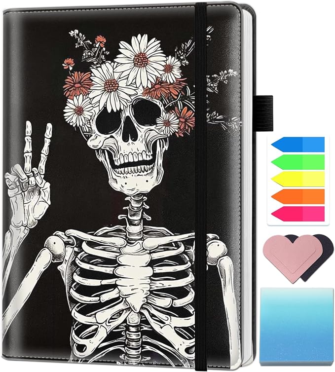 A5 Leather Lined Journal Notebook, 200 Pages Hardcover Executive Notebook for Office School Note Taking, Thick Writing Paper Daily Journal with Bookmarks/Indexes,Skull Skeleton with Flowers