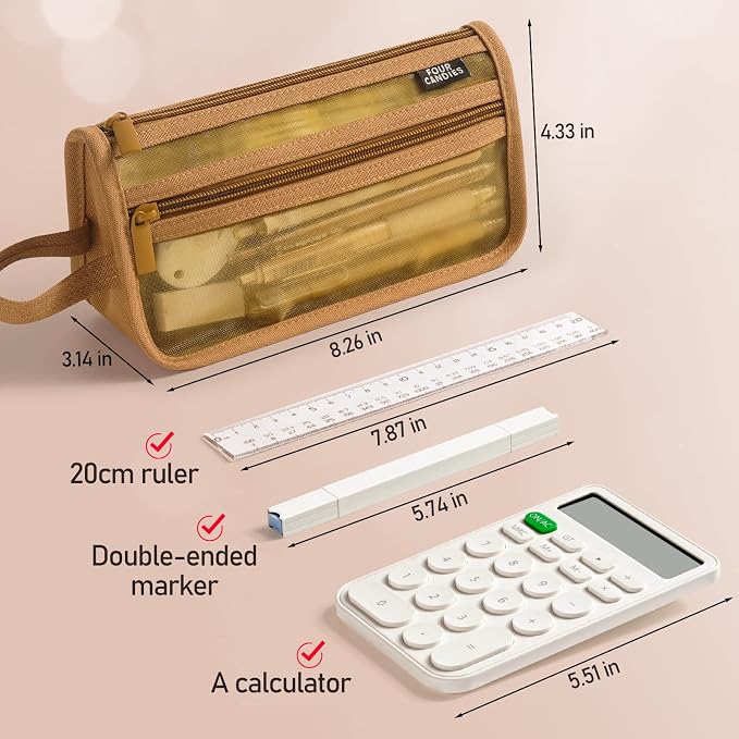 Four Candies Grid Mesh Pencil Case with Handle and Zipper, Clear Double-layer Pencil Pouch Marker Pouch, Travel Makeup Bag, Cute Transparent Stationary Organizer Pen Bag for Adult Office College