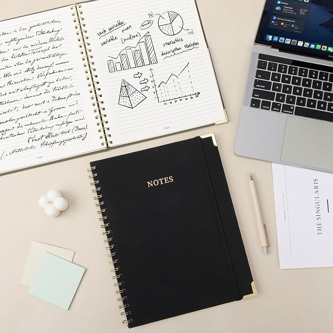 A4 Large Spiral Notebook Journal,(8.5×11'') 100 Pages Linen Hardcover College Ruled Journaling For Work & Note Taking Thick Spiral Journal For Writing Daily Journal For Women & Men- Black