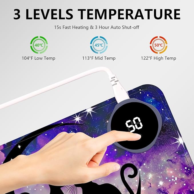 Heated Mouse Pad with 3 Levels Heated & 3 Hours Auto Shut-Off Mouse Pad for Warming Hands in Office Home, 23.6" x 14.2"Large Safe Desk Mat Hand Warmer，Cute Space Cat