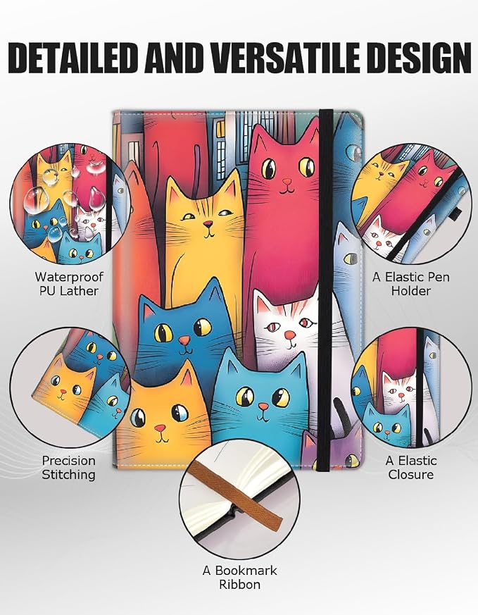 Hardcover Executive Notebooks, A5 PU Leather Lined Journal Notebook, 200 Pages Thick Paper Subject Notebooks for School,Work,Home Writing Business Notebook, Diary Book ，Colorful Cat Vintage