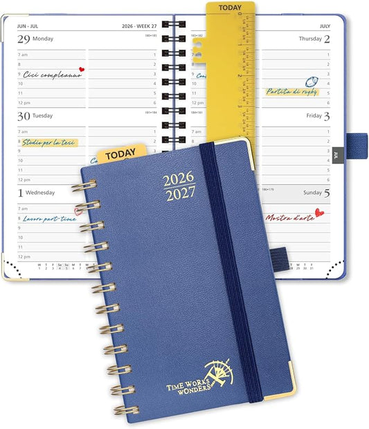 POPRUN Pocket Calendar 2026-2027,6.5" x 3.5" Pocket Planner | Jul 2026-Jan 2027 Small Planner for Purse,Inner-Pocket Weekly Planners with Hardcover, Tabs, Ruler, Pen Loop- Navy Blue