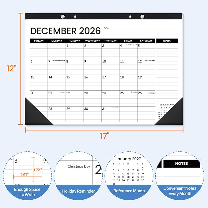 SUNEE Desk Calendar 2026-2027 3 Packs - 18 Month Calendar Oct 2026 - Mar 2028, 17" x 12" Desktop Calendar with Notes, for Planning, Organizing in Family, School or Office - Black 2026-2027 Calendar
