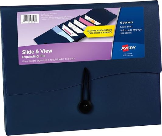 Avery Slide & View Expanding File Folder, 6 Pockets, Letter Size, 1 Navy Folder (73545)