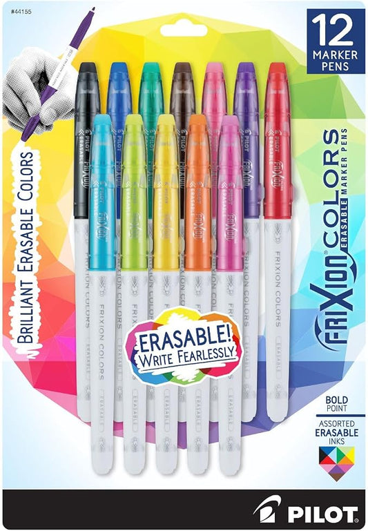 Pilot FriXion Colors Erasable Marker Pens, Bold Point, Erasable Pens, Assorted Color Inks, 12-Pack