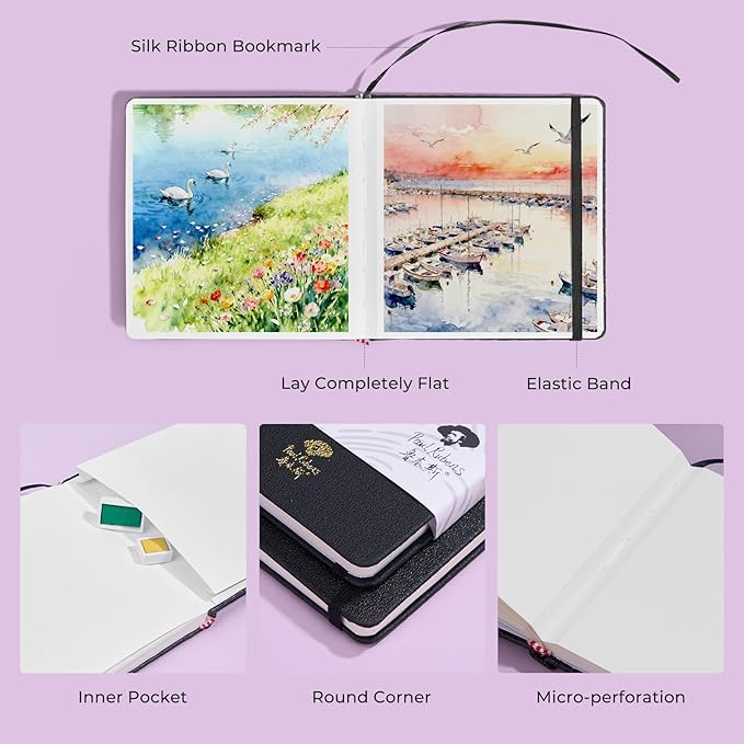 Paul Rubens Square Watercolor Journal, 100% Cotton Acid-Free Hot Press Watercolor Sketchbook 7.48 * 7.48 Inches, 140lb/300gsm,20 Sheets for Watercolors, Gouache, Acrylics