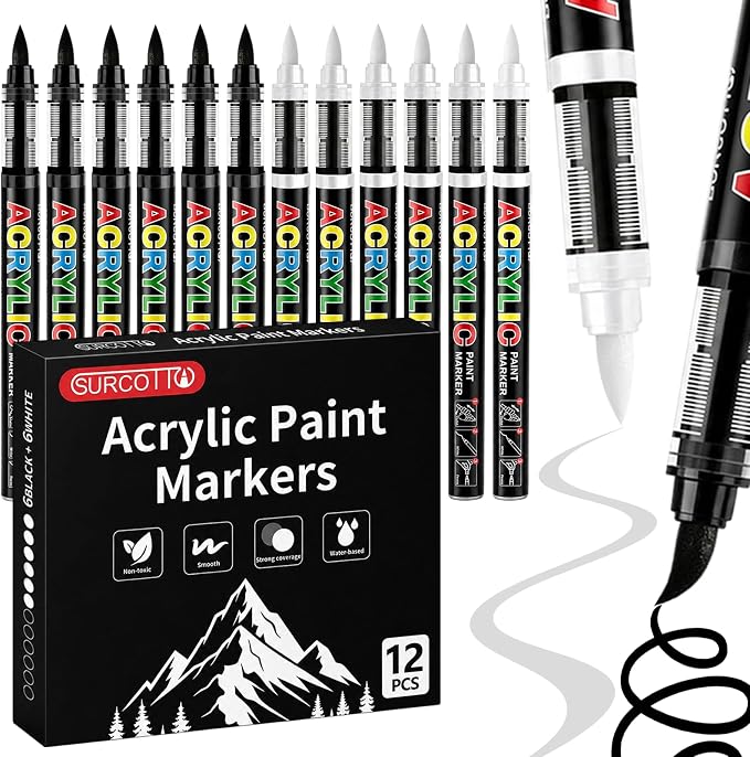 Surcotto Black and White Acrylic Paint Markers,12 Pack Paint Pens Markers,Brush Tip & Direct Ink Flow,Paint Pen Sets for Stone,Wood,Calligraphy,Canvas,Ceramic, Metal, Glass, Rock Painting, DIY Crafts