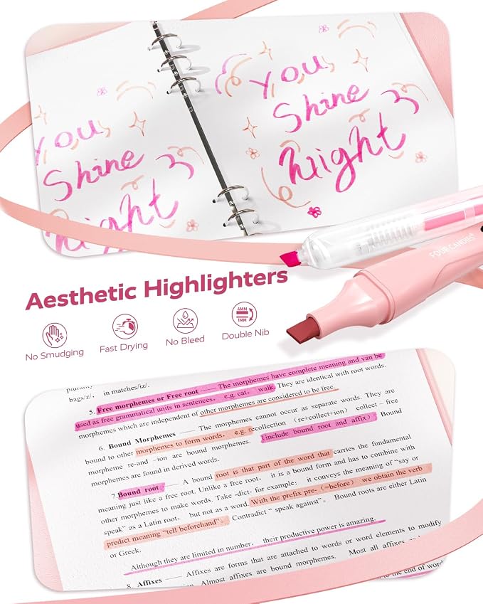 Four Candies Cute Aesthetic Pink School Supplies Kit for Girls | College Supplies and Nursing Essentials Pens, Highlighters, Mechanical Pencils, Sticky Notes for Students, Journaling