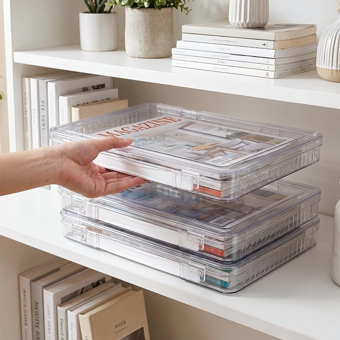 Magazine Protector, Paper Storage Box with Handle, 8.7x12.8x1.1 inch | Crystal Clear Magazine Case, Plastic File Storage Box for 8.5x11 Letter A4 Document Photo Comic Book Scrapbook Board Game