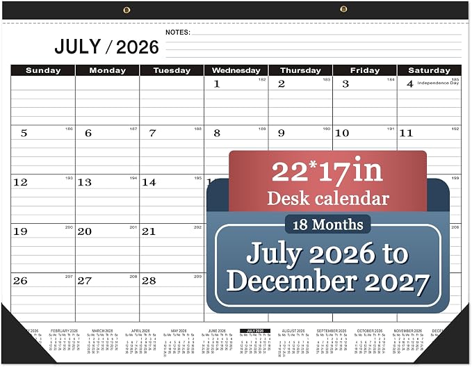Desk Calendar 2026-2027 large 22 x17 (July 2026-December 2027) 2026-2027 Desk Calendar Large 22 x17,Classic Black Calendar 2027,Calendar 2027 with Plastic Cover