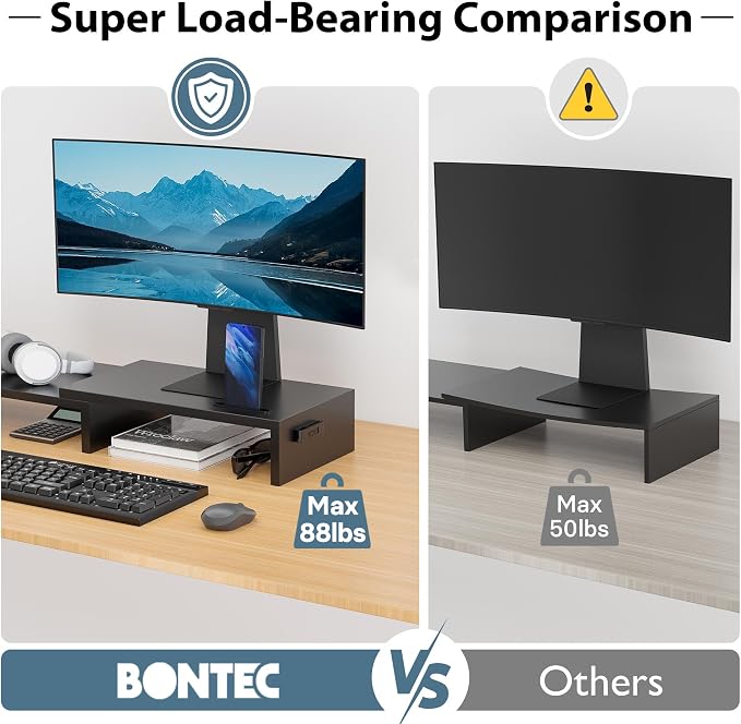 BONTEC Dual Monitor Stand Riser with Smartphone Holder, Adjustable Length & Swivel Angle, Ergonomic Wooden Desktop Organizer for PC Monitor, Laptop, Printer, Large Storage, 42.5 in, Black
