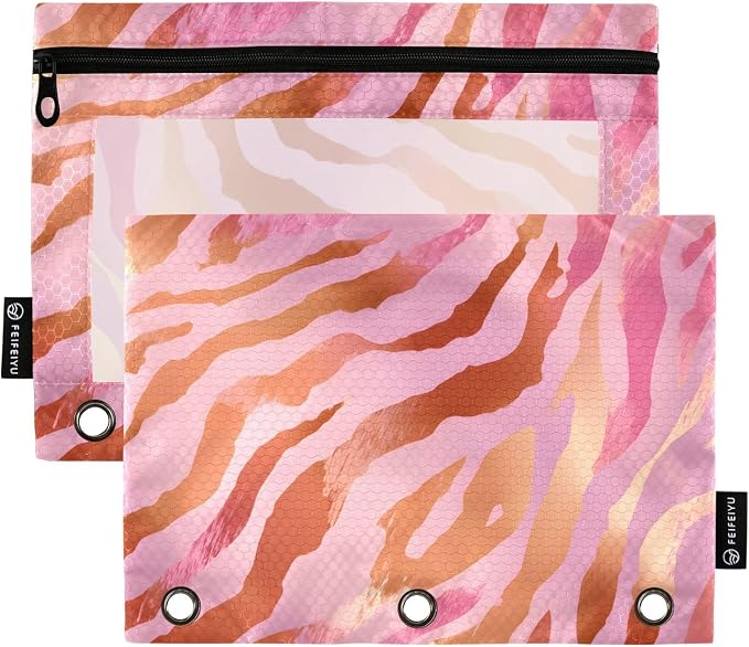 ALAZA Pencil Pouch for 3 Ring Binder, Pink Tiger Stripes Print Binder Pencil Pouches with Clear Window Zipper Pencil Case Cosmetic Bags for Office College Supplies, 2PCS