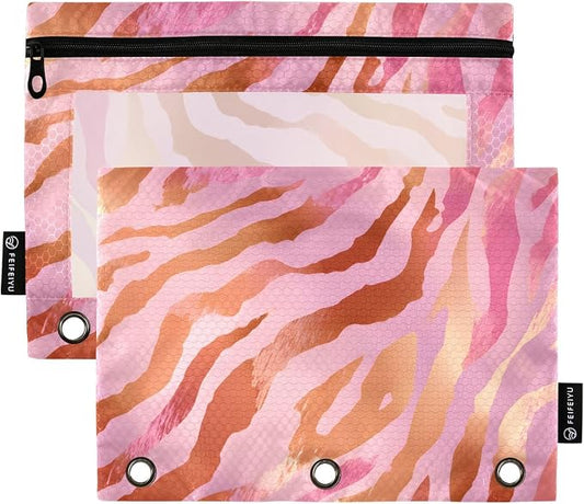 ALAZA Pencil Pouch for 3 Ring Binder, Pink Tiger Stripes Print Binder Pencil Pouches with Clear Window Zipper Pencil Case Cosmetic Bags for Office College Supplies, 2PCS