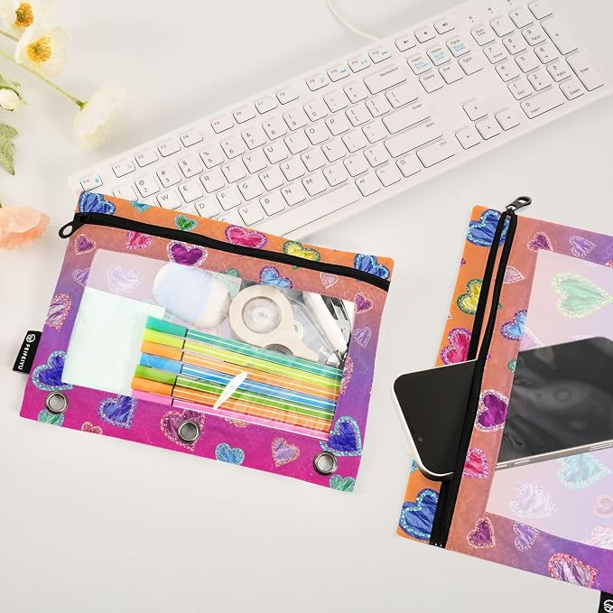 Gredecor Binder Pencil Pouch 3 Ring Hearts on Bright Gradient Zipper Pencil Pouches Case 2 Pack Clear Binder Organizer for School Office