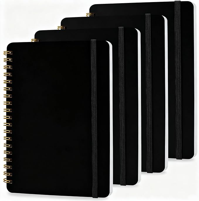 4 PCS Spiral Notebook, Spiral Journal Notebook, Notebooks for Work, Note Taking, School, Small Notebooks with Strap, Cute Notebooks for Women (Black)