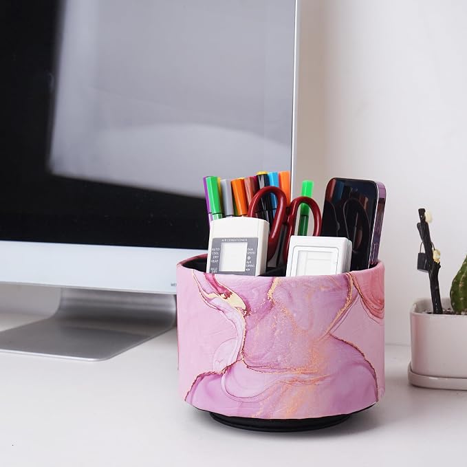 Round Leather Art Supply Organizer,Remote Control Holder,360-degree Rotating Pen Organizer with 4 Compartments(1-Pink Splash Ink)