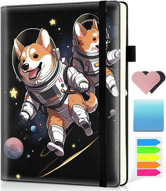 Hardcover Executive Notebooks, A5 PU Leather Lined Journal Notebook, 200 Pages Thick Paper Subject Notebooks for School,Work,Home Writing Business Notebook, Diary Book ， Space Corgi Dog