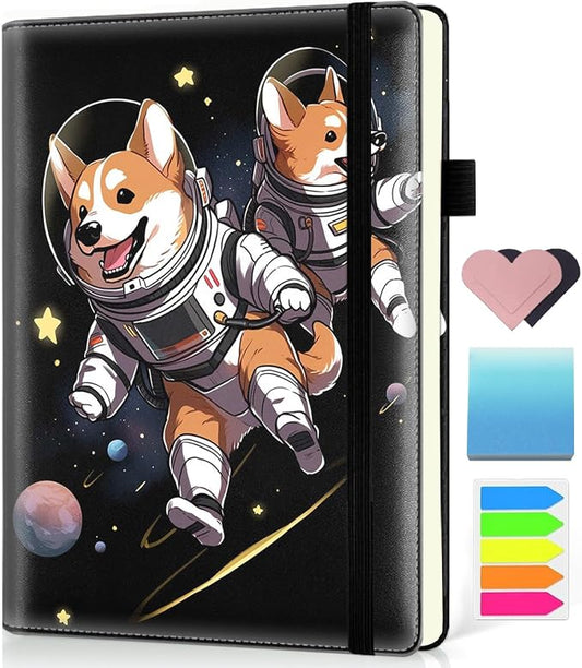 Hardcover Executive Notebooks, A5 PU Leather Lined Journal Notebook, 200 Pages Thick Paper Subject Notebooks for School,Work,Home Writing Business Notebook, Diary Book ， Space Corgi Dog