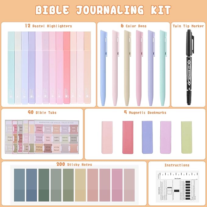 Bible Journaling Kit, Bible Study Supplies Set for Women & Men | Includes 12 No Bleed Bible Highlighters, 6 Pens, 90 Laminated Bible Tabs, Magnetic Bookmarks & Sticky Notes