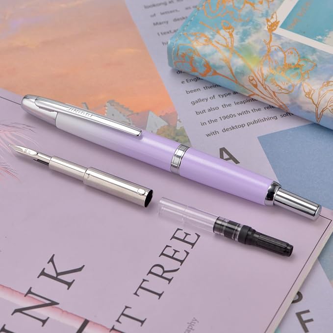 Jinhao 10 Press Fountain Pen with Box, Gradient Light Purple Retractable Fine Nib with Ink Converter Set (Silver Clip)