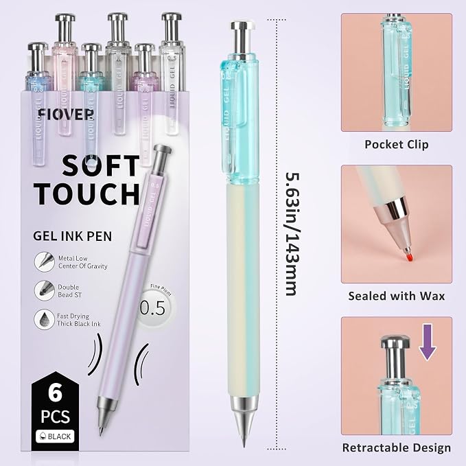 FIOVER Gel Pens, 12 Pcs 0.5mm Quick Dry Black Ink Pens, Fine Point Smooth Writing Pens, Retractable with Silicone Grip, High-End Cute Aesthetic Office School Supplies, Gifts for Women Men (12pcs)