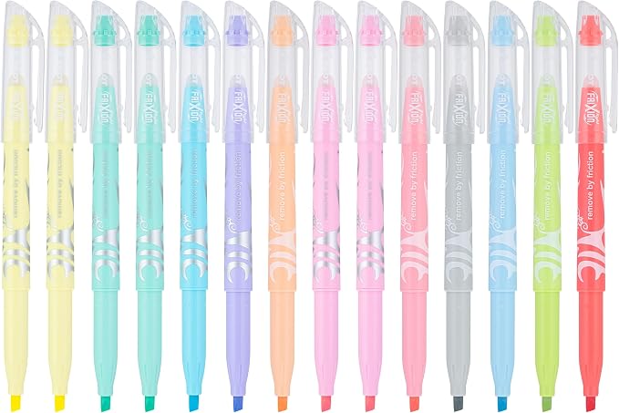Pilot FriXion Light Pastel Erasable Highlighters, Chisel Tip, Pack of 14, Assorted Colors - Ideal for School, Journaling, and Office Use