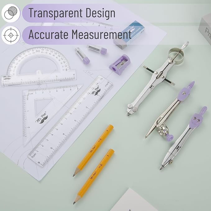 Mr. Pen- Geometry Set, 13 pcs, 3 Metal Compasses, Protractor, 6" Ruler | 45° & 30°/60° Set Squares, Pencils, Lead Refills, Sharpener & Eraser for Math, Drafting & Classroom Use | 45° & 30°/60° Set Squares, Pencils, Lead Refills, Sharpener & Eraser for ...