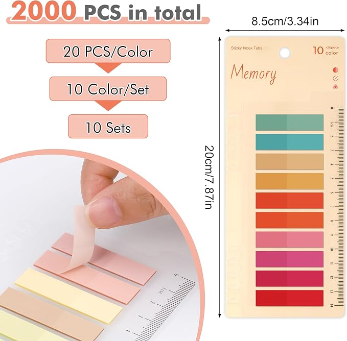 JIANTA 2000Pcs Book Tabs for Annotating, Writable Sticky Tabs | Transparent Page Markers with Ruler, Repositionable Index Tabs for Binders, Notebooks, Study Notes and Multi Color Book Flags