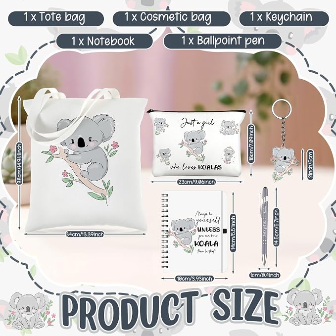 Kinlop 5 Pcs Koala Lover Gifts for Women Include Just a Girl Who Loves Koalas Tote Bag Canvas Cosmetic Bag Coil Notebook Keychain and Ballpoint Pen for Women Girls