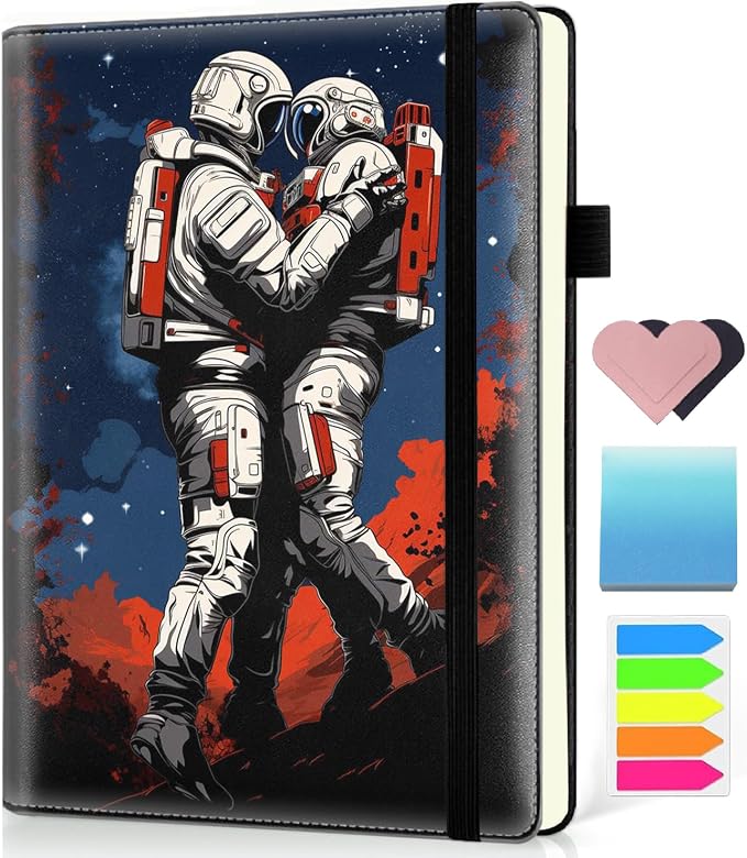 Hardcover Executive Notebooks, A5 PU Leather Lined Journal Notebook, 200 Pages Thick Paper Subject Notebooks for School,Work,Home Writing Business Notebook, Diary Book ， Astronaut Couple