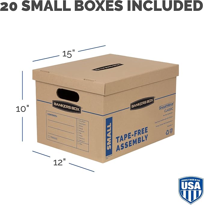 Bankers Box 20-Pack Small Classic Moving Boxes with Reinforced Handles | Pack books, files, and dense items with sturdy small boxes built for easy carrying and organized moves.